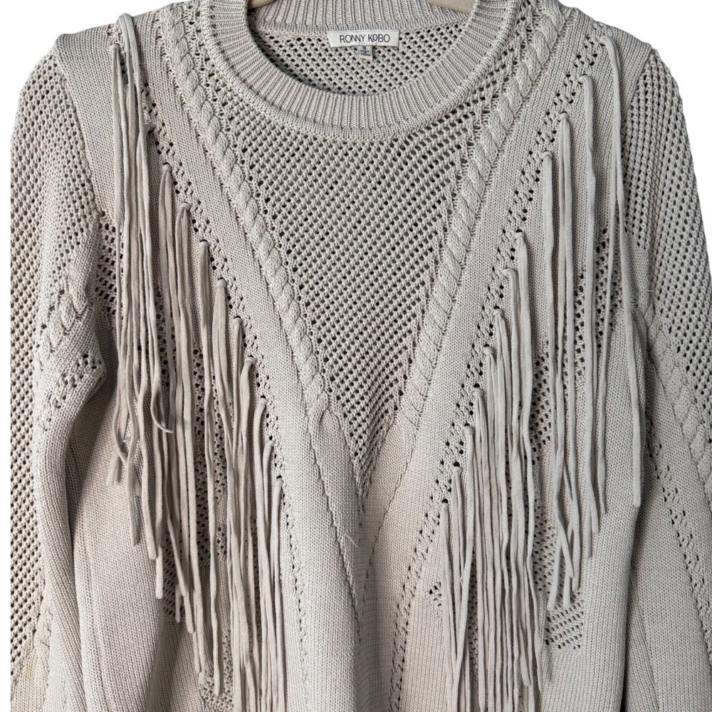 RONNY KOBO fringe knit sweater — small — cream / neutral western boho - Picture 4 of 7